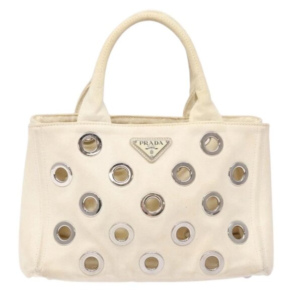 PRADA Canapa PM Hand Bag Canvas White Silver Auth 139730 - Picture 12 of 16